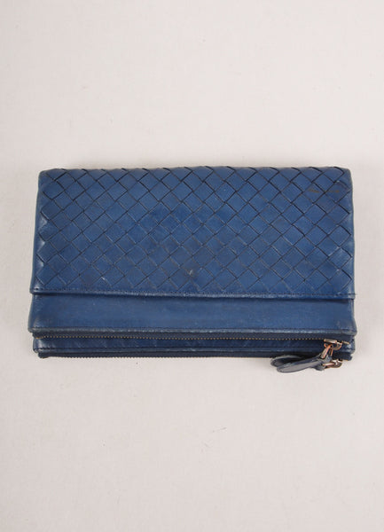 Navy Blue Woven Leather Two Zip Long Wallet