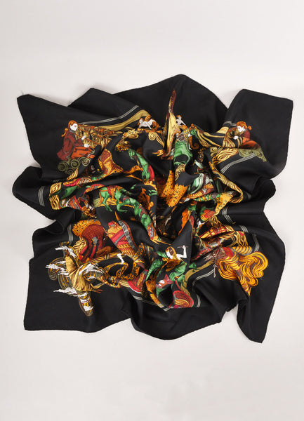 Black and Multicolor Printed "Au Fil de la Soie" Silk Scarf