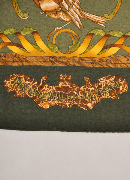 Green and Brown Silk and Cashmere "Pierres d'Orient et d'Occident" Scarf