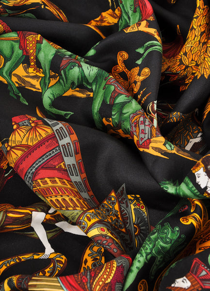 Black and Multicolor Printed "Au Fil de la Soie" Silk Scarf