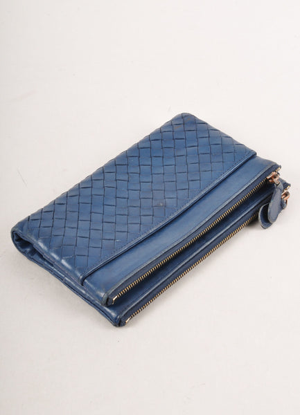 Navy Blue Woven Leather Two Zip Long Wallet