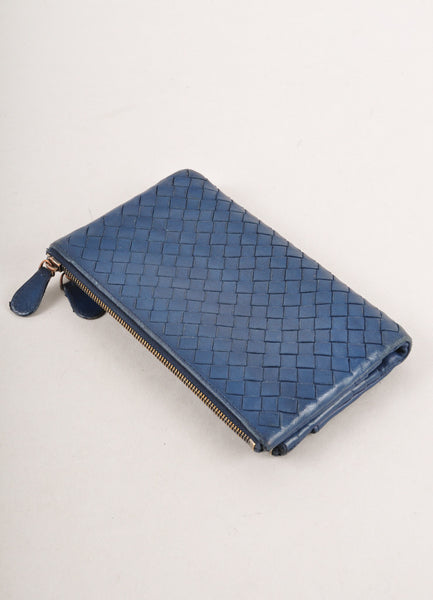 Navy Blue Woven Leather Two Zip Long Wallet