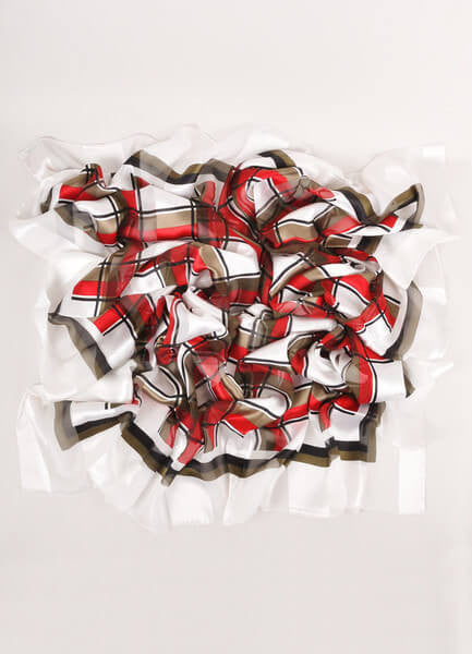 White, Red, Black, and Green Plaid Silk Scarf