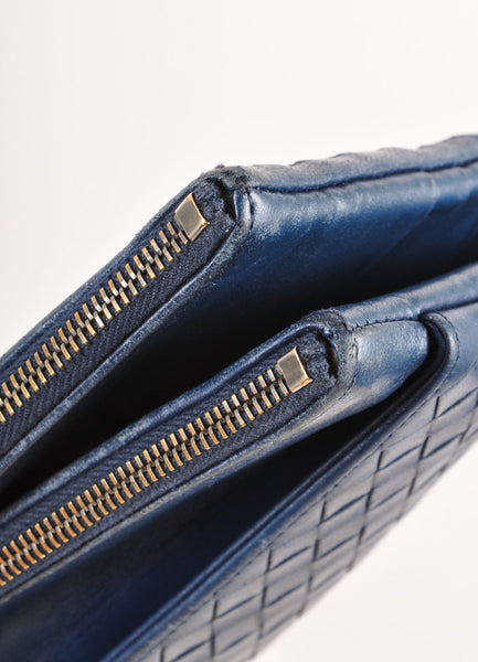 Navy Blue Woven Leather Two Zip Long Wallet