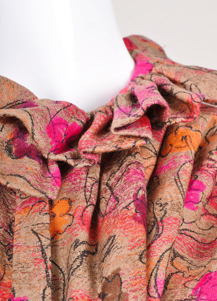 Taupe, Pink, and Orange Floral Print Bubble Hem Wool and Silk Blouse