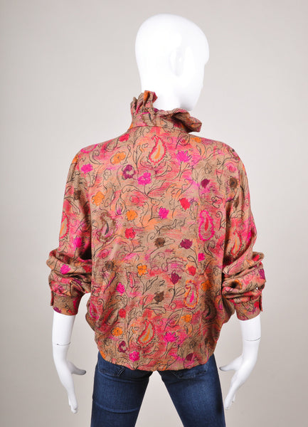 Taupe, Pink, and Orange Floral Print Bubble Hem Wool and Silk Blouse