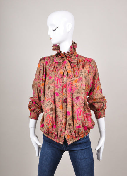 Taupe, Pink, and Orange Floral Print Bubble Hem Wool and Silk Blouse