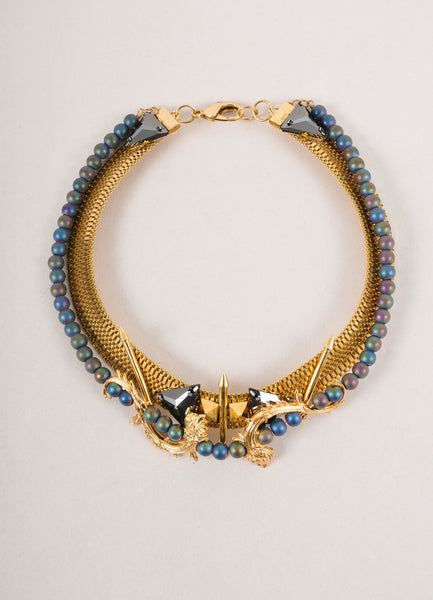 New In Box Gold Toned and Blue Lion's Foot Spiked Collar Necklace