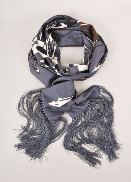 Limited Edition Grey, Brown, and Cream "Caleche Elastique" Fringe Silk Scarf