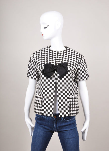 Black and White Checkered Bow Detail Short Sleeve Jacket