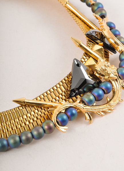 New In Box Gold Toned and Blue Lion's Foot Spiked Collar Necklace