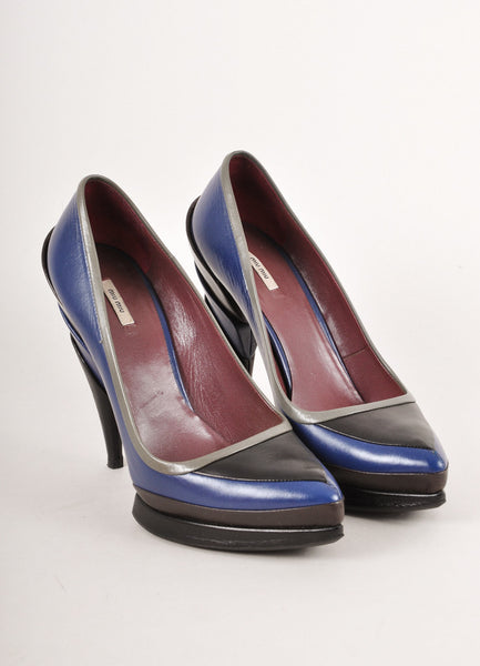 Blue, Black, and Grey Leather Colorblock Pumps