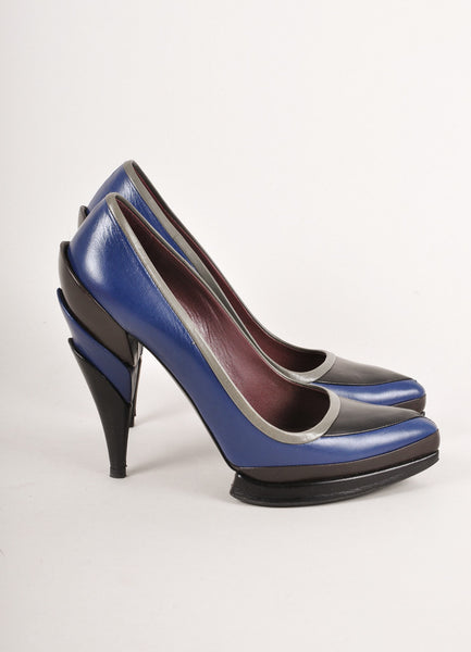 Blue, Black, and Grey Leather Colorblock Pumps