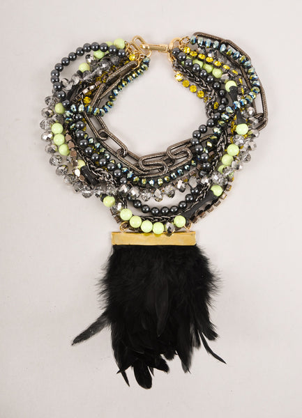 New Multicolor Multi-strand Bead, Rhinestone, and Chain Feather Bib Necklace