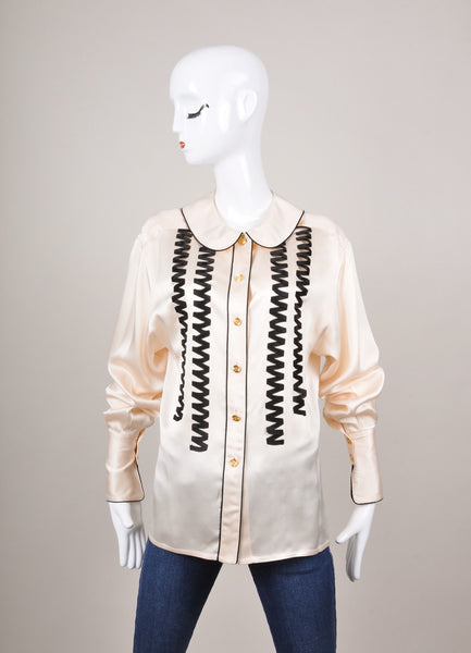 Cream and Black Zig Zag Ribbon Detail Button Down Blouse