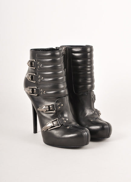 Black Quilted Stud and Buckle Leather Platform Moto Boots