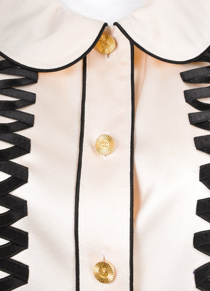 Cream and Black Zig Zag Ribbon Detail Button Down Blouse