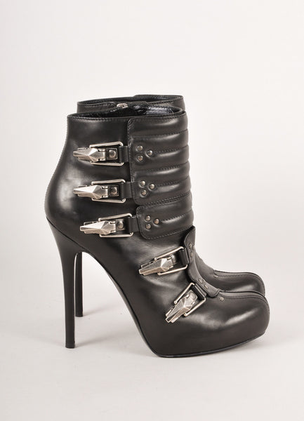 Black Quilted Stud and Buckle Leather Platform Moto Boots