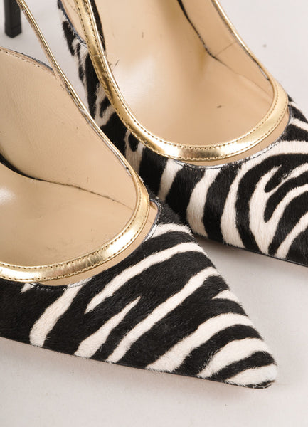 Black, White, and Gold Zebra Print Ponyhair Pointed Toe Pumps