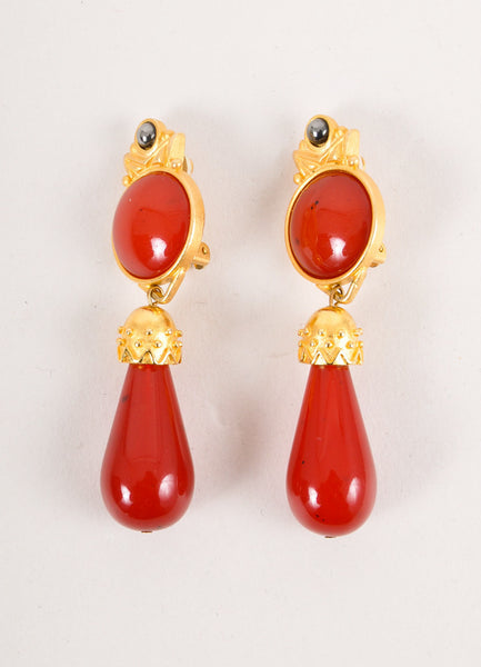 Gold and Red Textured Drop Earrings