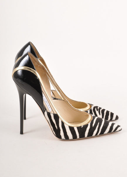 Black, White, and Gold Zebra Print Ponyhair Pointed Toe Pumps