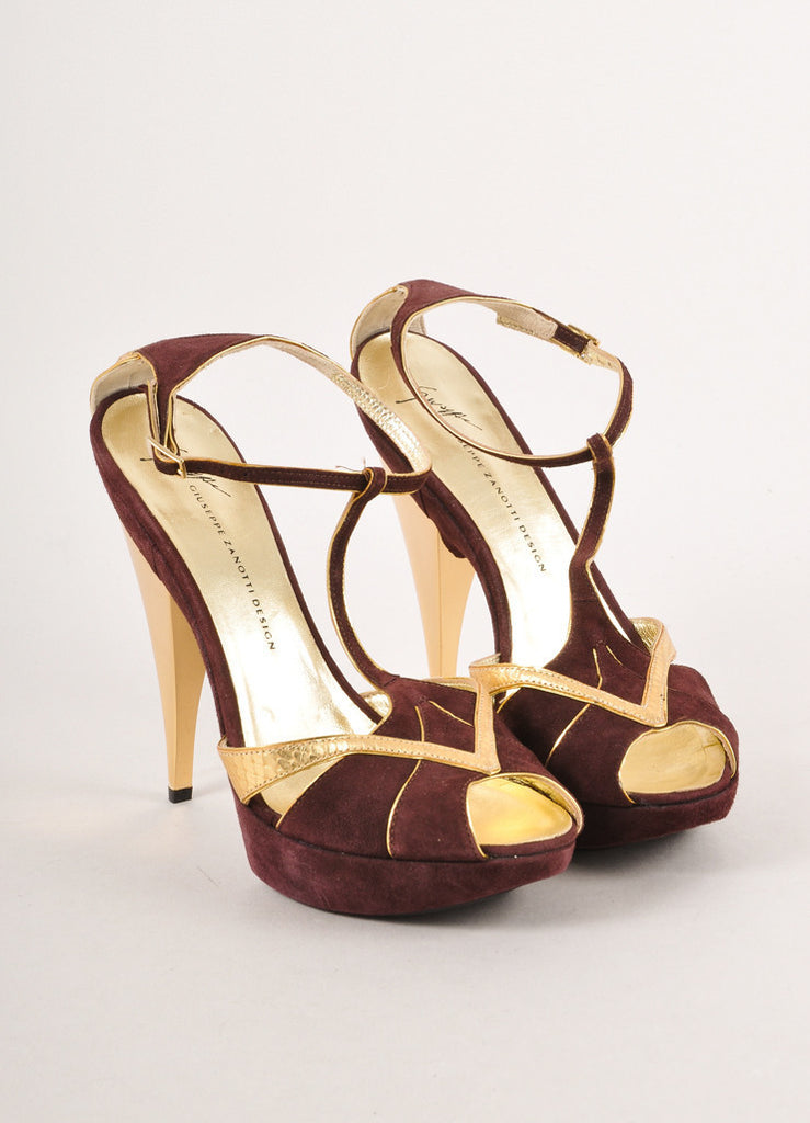 Maroon and Gold Metallic Suede Peep Toe Pumps