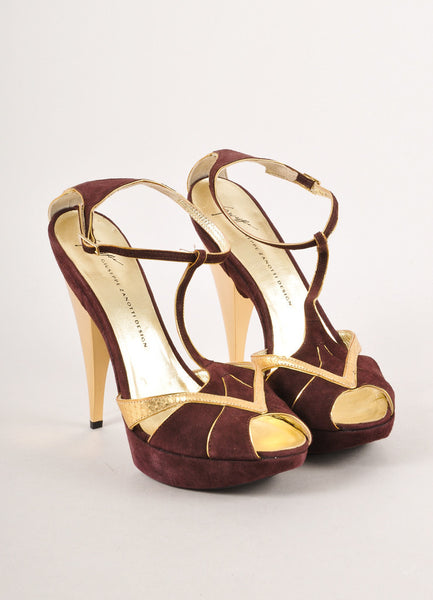 Maroon and Gold Metallic Suede Peep Toe Pumps