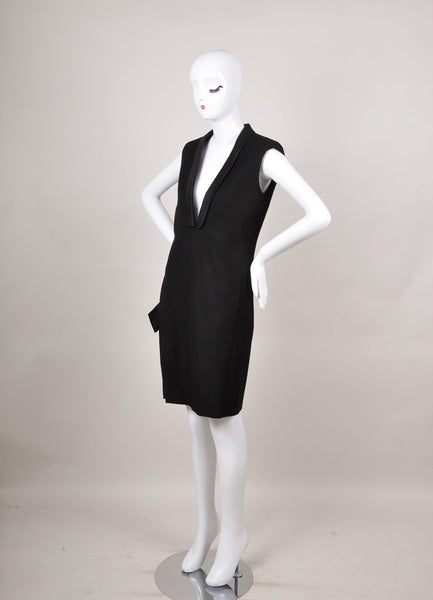 New With Tags Black Wool and Silk Sleeveless Deep V Neck Dress