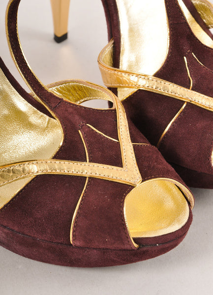 Maroon and Gold Metallic Suede Peep Toe Pumps