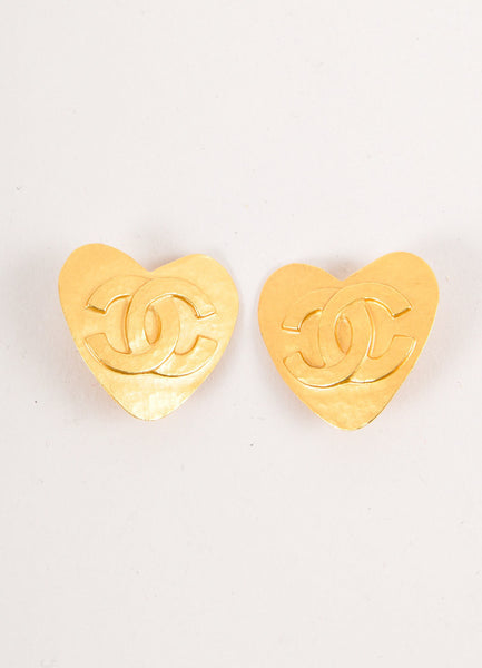 Textured Gold Toned "CC" Heart Earrings