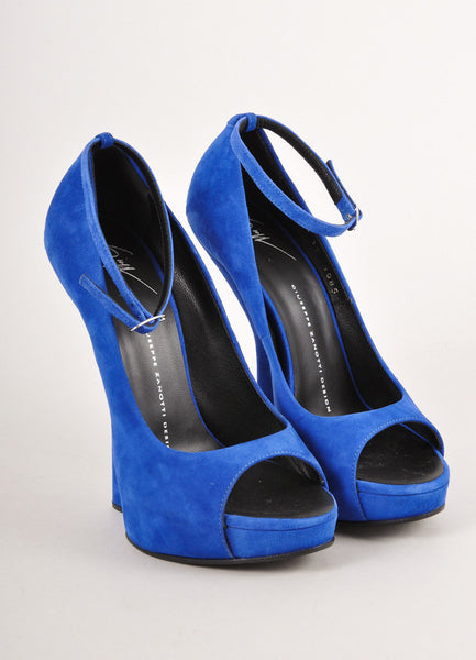 New Royal Blue Suede Peep Toe Structural Wedges