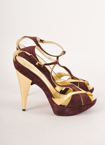 Maroon and Gold Metallic Suede Peep Toe Pumps