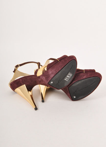 Maroon and Gold Metallic Suede Peep Toe Pumps