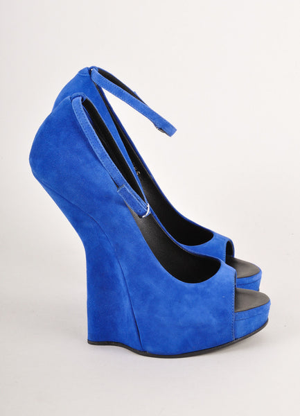 New Royal Blue Suede Peep Toe Structural Wedges