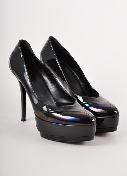 Black and Purple Patent Leather Platform Pumps