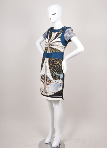 New With Tags White, Blue, and Black Silk Graphic Printed Sheath Dress