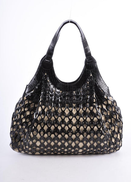 Black Crocodile Leather Woven Shoulder Bag