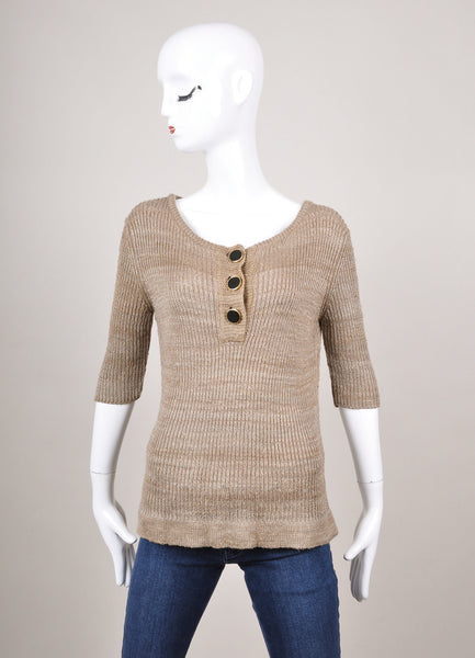 Grey and Taupe Ribbed Knit Three Quarter Sleeve Silk Henley Sweater