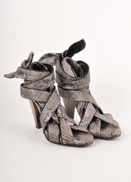 Grey Snakeskin Strappy Wrap Up Tie Heel Sandals