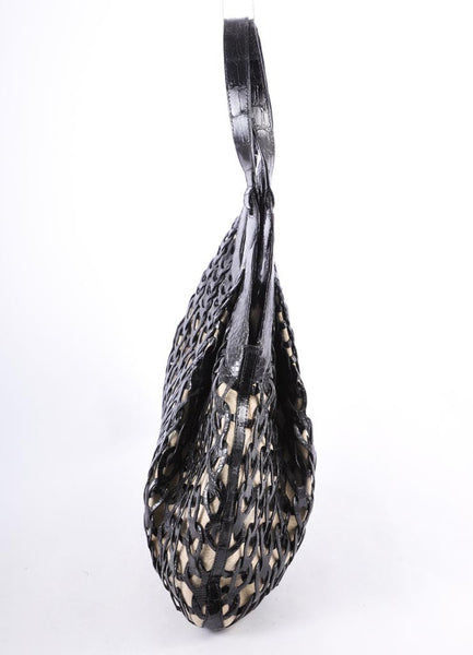 Black Crocodile Leather Woven Shoulder Bag