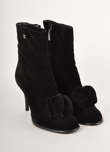 Black Velvet Camellia Heeled Zip Booties