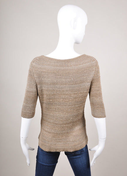 Grey and Taupe Ribbed Knit Three Quarter Sleeve Silk Henley Sweater