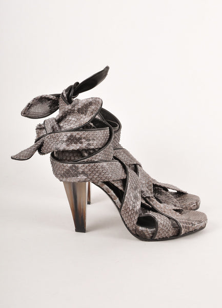 Grey Snakeskin Strappy Wrap Up Tie Heel Sandals