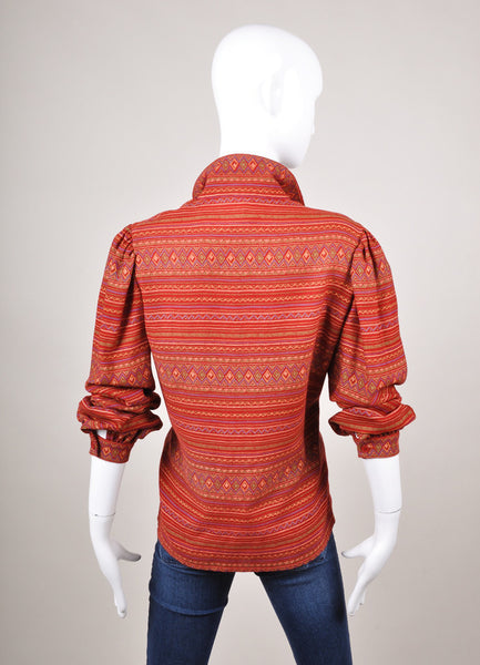 Red and Orange Geometric Patterned Long Sleeve Button Up Blouse