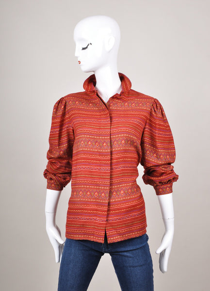 Red and Orange Geometric Patterned Long Sleeve Button Up Blouse