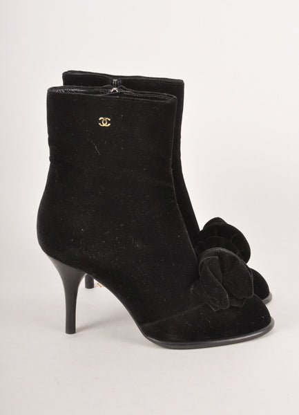 Black Velvet Camellia Heeled Zip Booties