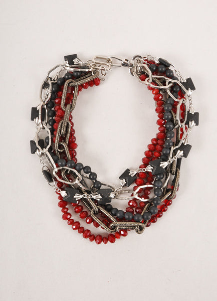 New Dark Red and Black Multi-strand Chain, Bead, and Stud Choker Necklace