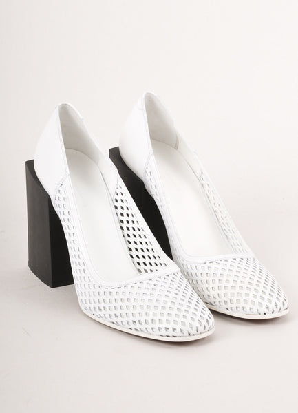 New White and Black Cut Out Square Heel Pumps