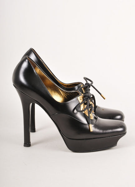 Black and Gold Leather Lace Up Heels