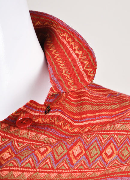 Red and Orange Geometric Patterned Long Sleeve Button Up Blouse